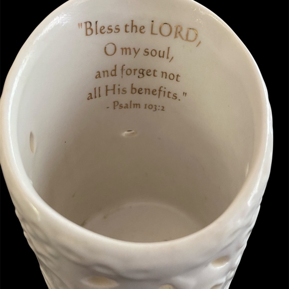 White Votive Candle Holder Cross Cut-out Scripture Psalms 103:2 Gold Print - Picture 6 of 6